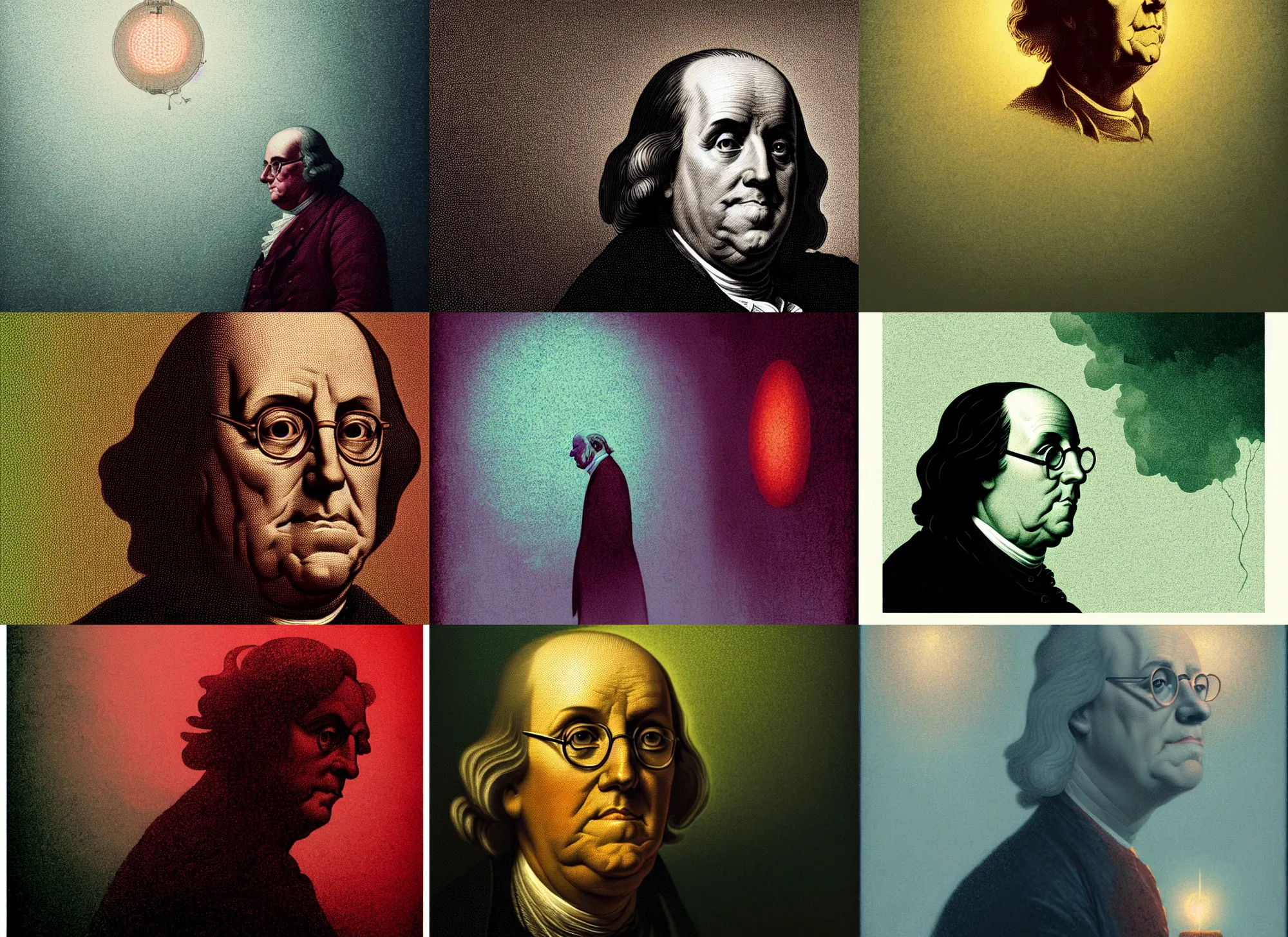 Prompt: illustrated portrait of benjamin franklin, colorful, mads berg, karolis strautniekas, christopher balaskas, stippled light, low fog, moody, fine texture, dramatic lighting, dynamic composition, detailed, matte print, muted color, ( ( victo ngai ) ), wide angle, ( ( sunbeams ) ), modern art deco