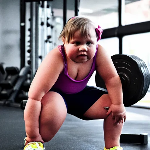 Image similar to a morbidly obese toddler lifting weights at the gym