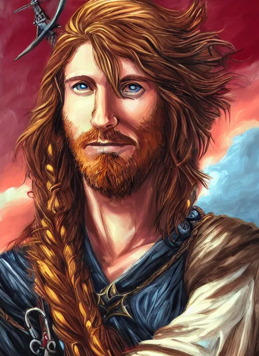 Prompt: an epic fantasy comic book style portrait painting of a long haired, red headed male sky - pirate in front of an airship in the style of the farseer series