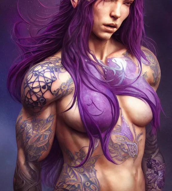 Image similar to muscular female singer, perfect face, intricate tattoos, purple flowing hair, abs, cinematic, blush, stunning, athletic, moist, strong, agile, highly detailed, hard focus, sensual lighting, art by jessica rossier and brian froud