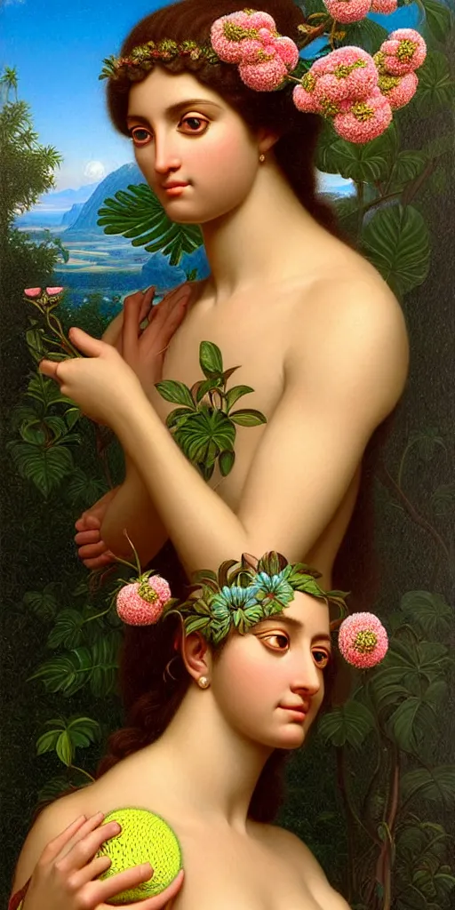 Image similar to portrait of the goddess of tennis, unusual beauty, flowers and plants, emotionally evoking symbolic metaphors, head in focus, fantasy, ornamental, intricate, elegant, sensual, highly detailed digital painting, artstation, concept art, painterly, golden ratio, sharp focus, illustration, art by John William Godward and Boris Vallejo and Zdzisław Beksiński,