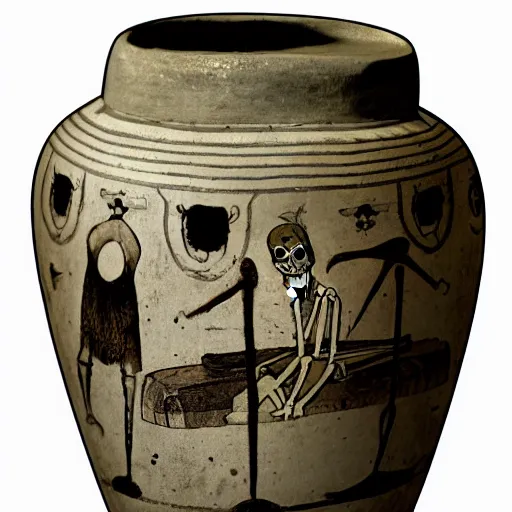 Prompt: roman jar illustrated with skeletons