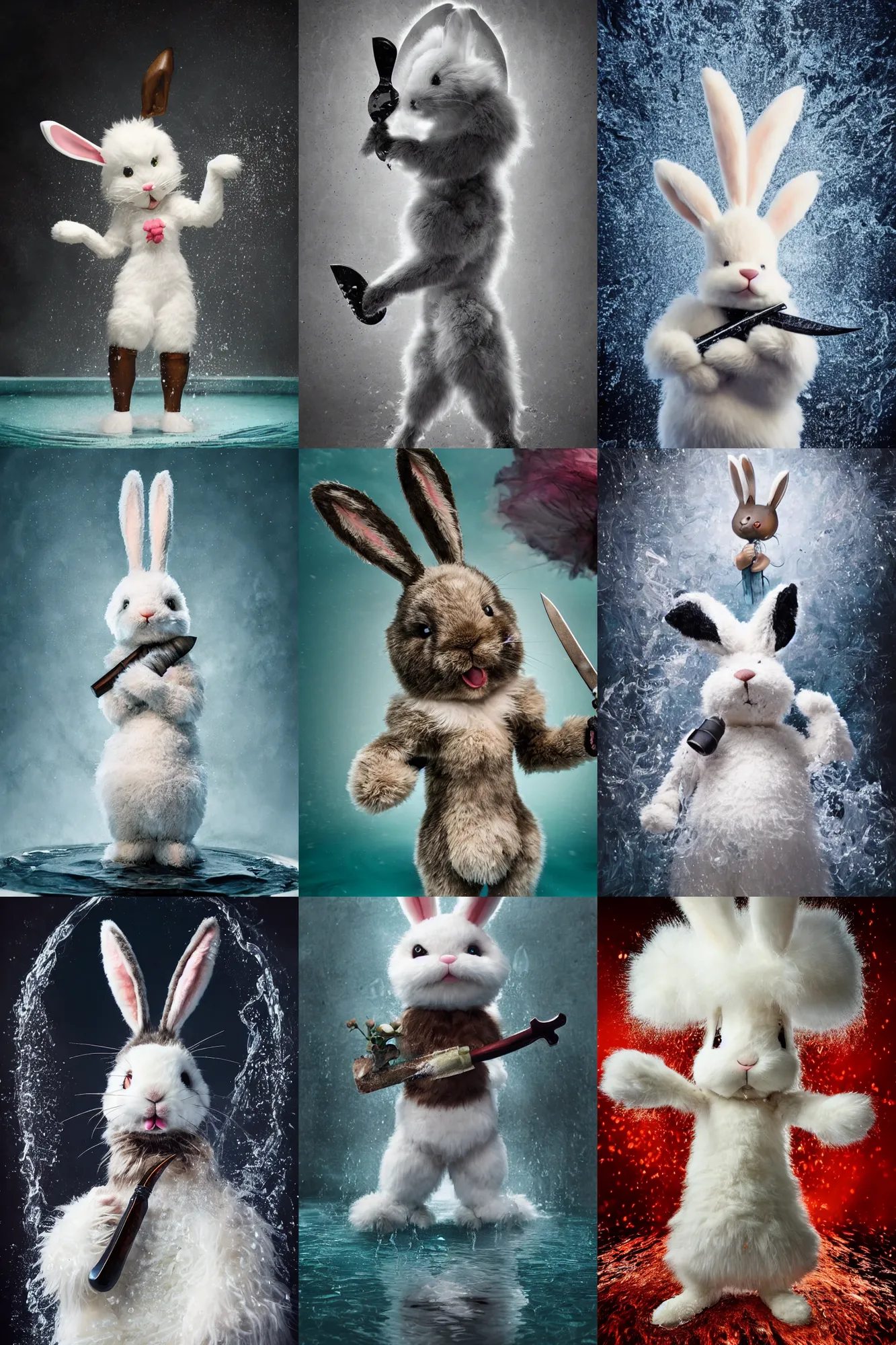 Prompt: a cute fluffy bunny with an insane expression, stands in a pool of water, holding a black steel hunting knife. dance photography, character concept art, intricate highly detailed 8 k, surreal portrait photography, preston blair, tex avery, artforum aesthetic, juxtapoz aesthetic