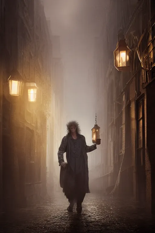 Image similar to a realistic photo of sandman, dream of the endless, by neil gaiman, pale face, spiky hair, swirling mist, intricate details and textures, mystical feeling, a dark and misty alley lit by gas lanterns, hyper realistic octane render, volumetric shading, depth of field, raytracing, 8 k,