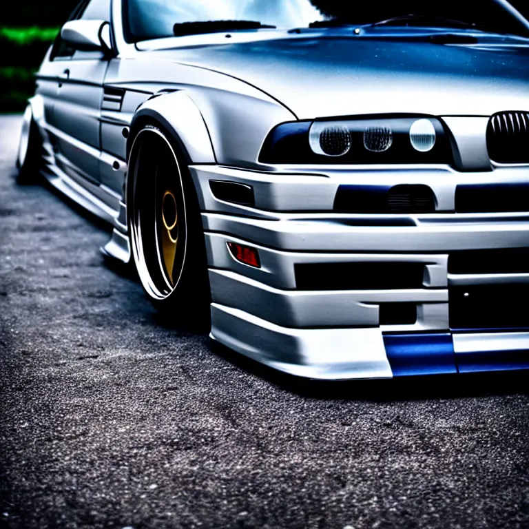 Image similar to close-up-photo BMW E36 widebody illegal JDM meet, Saitama prefecture, misty night, cinematic color, photorealistic, high detailed wheels, highly detailed bodykit,