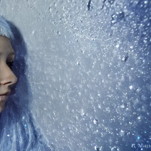 Image similar to futuristic female soldier eyes closed partly submerged in highly viscous clear fluid, frost particles, ice needles, cold blue light, complex hyperdetailed technical suit. white hair flowing. reflection. rays and dispersion of light. volumetric light. 5 0 mm, f / 3 2. noise film photo. ultra realistic, wide angle.