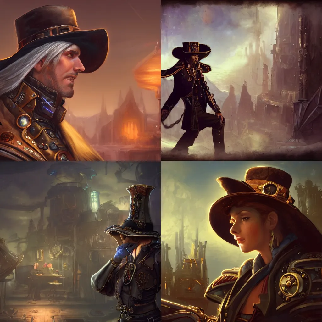 Prompt: a side-view portrait of a noble gunslinger in hat in the center, posing with crossed arms, steampunk spaceship on background, by tyler edlin and lindsey look, victorian, concept art, steam romance, adventure, detailed, 4k resolution, trending on artstation