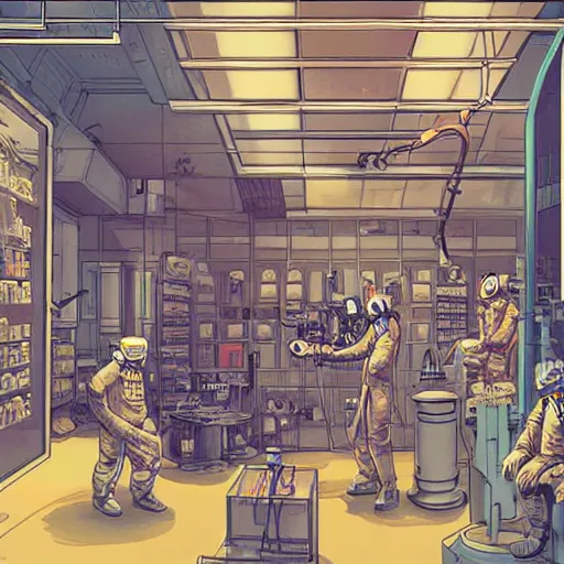 Prompt: asian space merchant in their shop, Industrial Scifi, detailed illustration, character design, by Martin Grip and Moebius