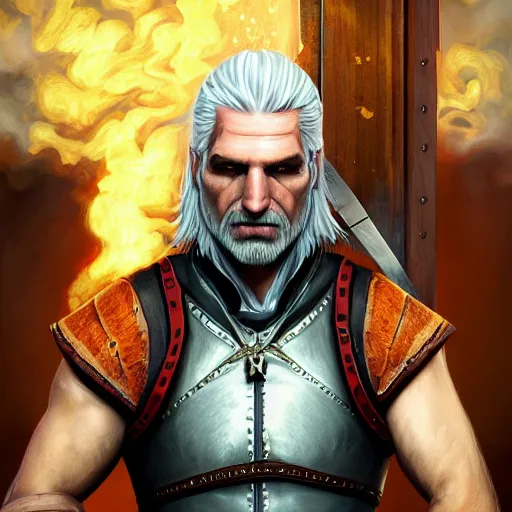 Prompt: card art of smirking Geralt of Rivia making a grilled cheese sandwich, character design, realistic face, symmetrical face, digital painting, anime visual style, game art, matte, dramatic lighting, tonemapping, highly detailed, sharp focus, realism, vibrant colors, ArtStation, trending on ArtStation, DeviantArt, Zeronis