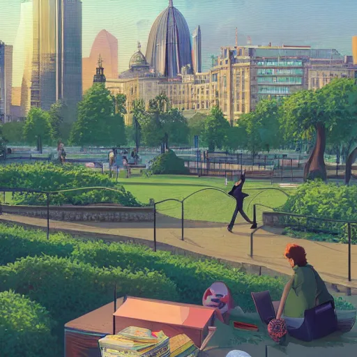 Prompt: a huge park in central london, buildings in distance, a visible street, by Tomer Hanuka by Makoto Shinkai and thomas kinkade