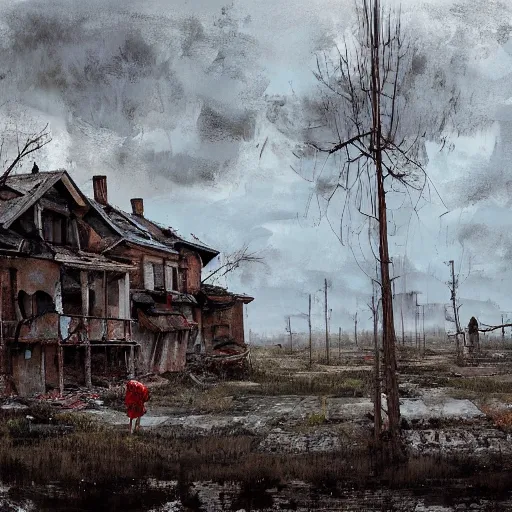 Image similar to painting of a abandoned post soviet town infested with humanoid root monsters by jakub rozalski