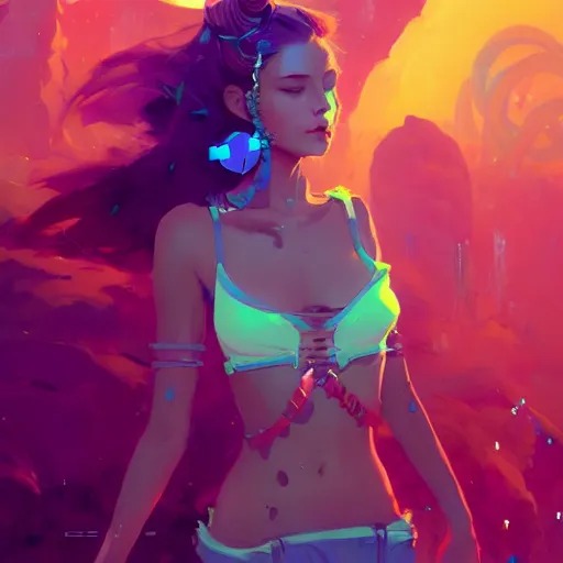 Image similar to a beautiful raver girl in crop top, concept art by pete mohrbacher and guweiz and ilya kuvshinov, digital art, highly detailed, intricate, sharp focus, trending on artstation hq, deviantart, unreal engine 5, 4 k uhd image