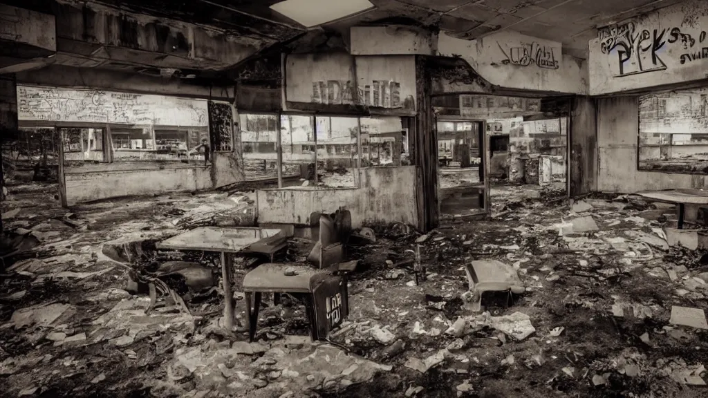 Prompt: cashpunk prior cummerbund abandoned fastfood restaurant, postapocalypse, cinematic