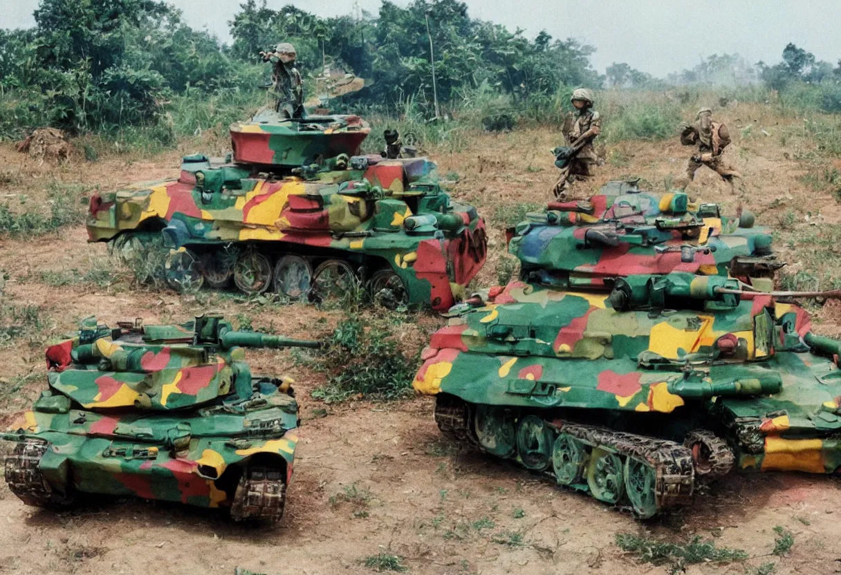 Prompt: colorful military pokemon tank, vietnam, post apocalyptic, shot on film,