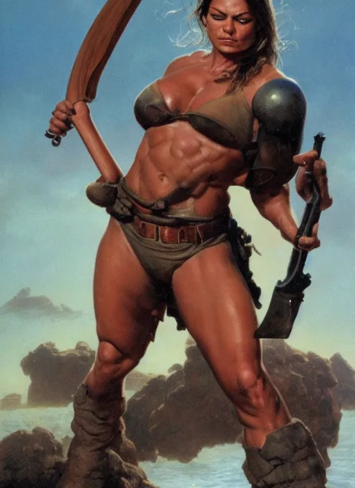 Prompt: muscled Mila Kunis in an action portrait wielding an broadaxe, Boris Vallejo, Julie Bell, Zdzisław Beksiński, Ed Binkley, Mark Brooks Frank Frazetta, Greg Hildebrandt, Tim Hildebrandt, Alex Horley, Ralph Horsley, Peter Andrew Jones, Eddie Mendoza, Earl Norem, Greg Rutkowski, Michael Whelan, Artgerm