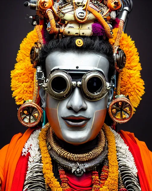 Image similar to photo of a Dramatic Kathakali male character with painted face wearing futuristic MadMax style steampunk goggles and steampunk robot armour with wide skirt in the style of stefan kostic, full body, realistic, sharp focus, symmetric, 8k high definition, insanely detailed, intricate, elegant, art by stanley lau and artgerm, Hajime Sorayama, William-Adolphe Bouguereau