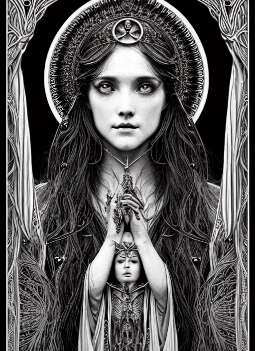 Image similar to beautiful priestess girl tarot card portrait, biomechanical, intricate artwork masterpiece, majestic, elden ring cinematic lighting, volumetric 8 k, by apollonia saintclair, josan gonzalez, gustave dore, edmund leighton, kilian eng, trending on cgsociety, 8 k