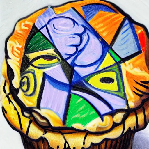 Prompt: intricate five star magic muffin by pablo picasso, oil on canvas, hdr, high detail, photo realistic, hyperrealism, matte finish, high contrast, 3 d depth, centered, masterpiece, vivid and vibrant colors, enhanced light effect, enhanced eye detail, artstationhd