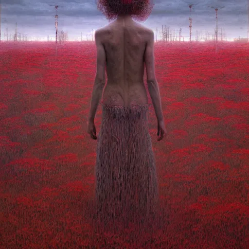 Image similar to A woman wearing clothes made out of thunder clouds and flowers, giant monsters walking in the background, red skin, Masterpiece, glowing, wires everywhere, by Edgar Maxence and Ross Tran, Zdzisław Beksiński, and Michael Whelan, distant, gustav dore, H.R. Giger, 8k, octane render