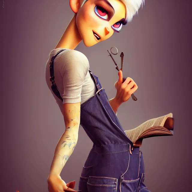 Image similar to full body pose, beautiful adult fairy, pixar, short white hair shaved sides, dirty, grungy, grunge, long sleeve, painted overalls, stacks of giant books, highly detailed, 4 k, hdr, smooth, sharp focus, high resolution, award - winning photo, artgerm, photorealistic