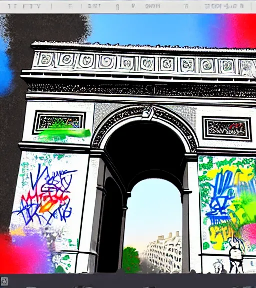 Image similar to photorealistic, photoshop, arc de triomphe full of graffiti