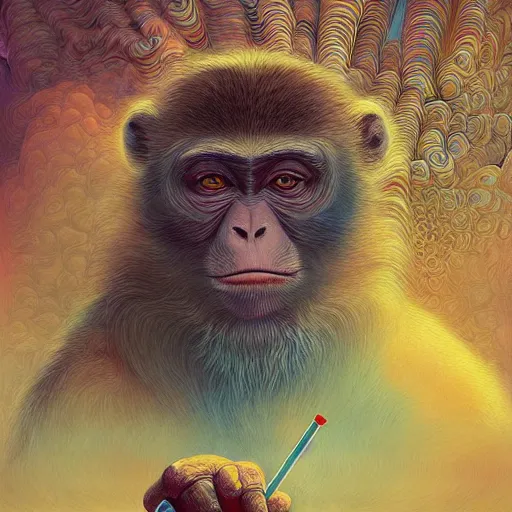 Image similar to ( monkey smoking a cigarette ) ( ( ( hyper detailed masterpiece, psychedelic fractal pattern, jean giraud, digital art painting, dream wave aesthetic, ethereal, artgerm, donato giancola, tom bagshaw ) ) )