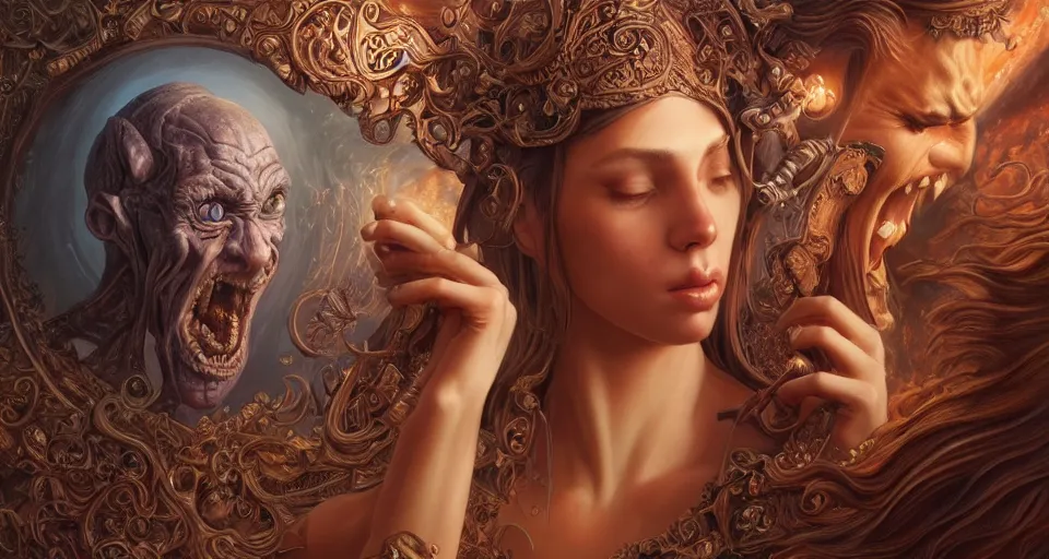 Prompt: the temptation of saint anthony, fantasy, intricate, elegant, highly detailed, digital painting, artstation, concept art, matte, sharp focus, illustration, art by artgerm and alex grey