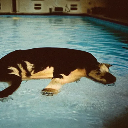 Prompt: analogue photo of an animal lying in a pool of black oil