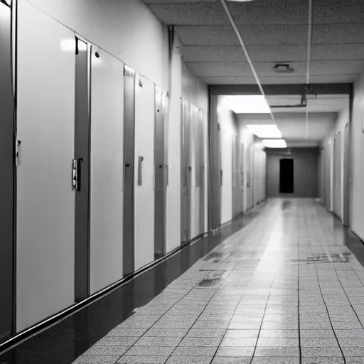 Image similar to a lonely school hallway, with some windows and lockers on the sides, at midnight, liminal space, grainy footage, fluorescent lights,