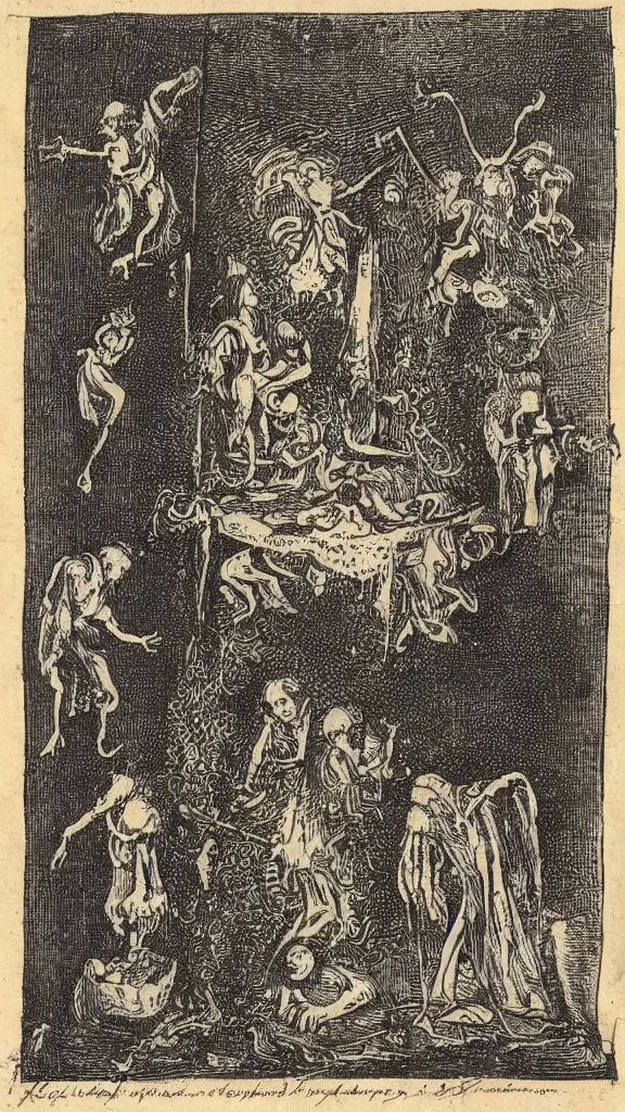 Image similar to revenants, spirits and pagan apparitions, grimoire, italian woodblock print from 1 7 5 5