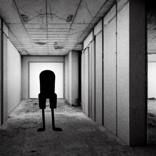 Prompt: cctv of an extremely dark empty abandoned building with glowing humanoid cryptid made out of television static, dark deep black shadows, red and black color contrast in the style of trevor henderson, liminal space, 3 d render, glitch effect