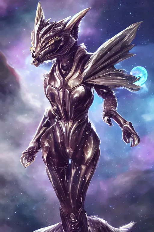 Image similar to galactic hyperdetailed elegant beautiful stunning giantess anthropomorphic munchkin cat cute female cat goddess, fluffy fur, sharp metal crest, bigger than galaxy, epic proportions, epic scale, epic size, warframe destiny fanart, furry, dragon art, goddess, giantess, furaffinity, octane render