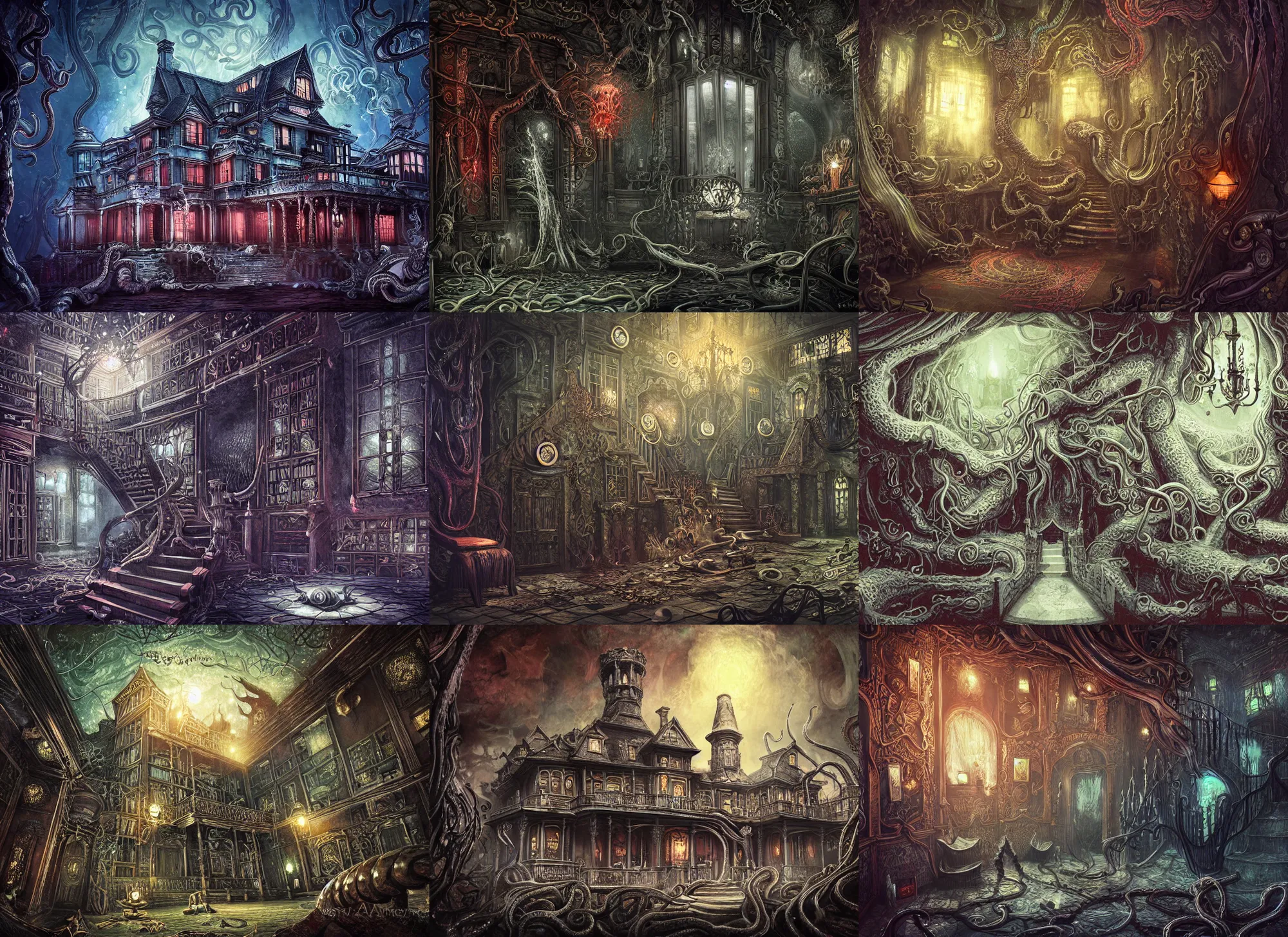 Prompt: interior style of mansion o madness tile, 1 8 century, arkham horror, tentacles, evil fluid, dramatic, heroic, fear, insane, terrific, insane, lovecraft illustration, particles, by asher brown durand, by yoshitaka amano, fantasy digital art, colorfull, bokeh effect