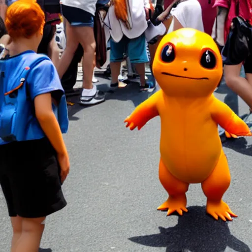 Prompt: charmander cosplay in comic - con, midday, direct sunlight, casual photography