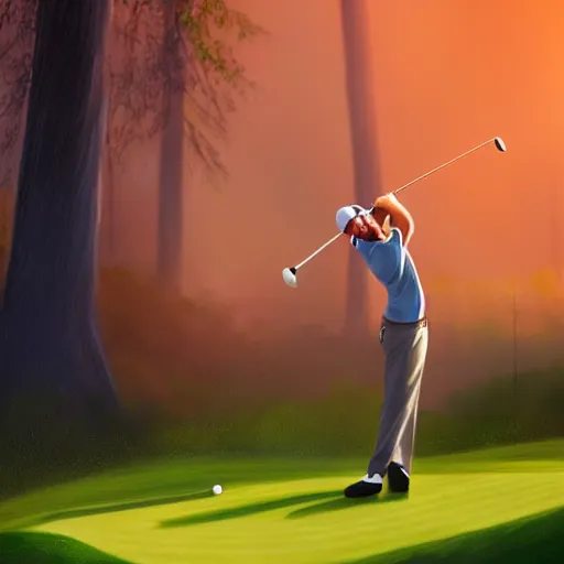 Prompt: close-up of an athletic golf player in a lush golf course, low angle, magical lights, golden hour, sunset, in front of a burning forest, smoke fire, digital painting, cinematic, 4k, forest ray light, particles light, Noah Bradley, ilya kuvshinov-H 768