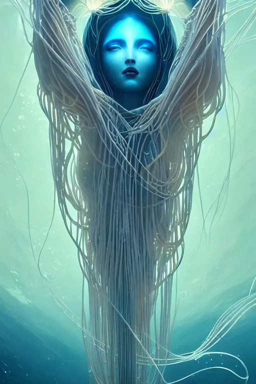 Image similar to beautiful spaghetti jellyfish goddess underwater, ethereal art deco, fantasy, intricate art deco ocean designs, elegant, highly detailed female, sharp focus, art by artgerm and beeple and greg rutkowski and wlop