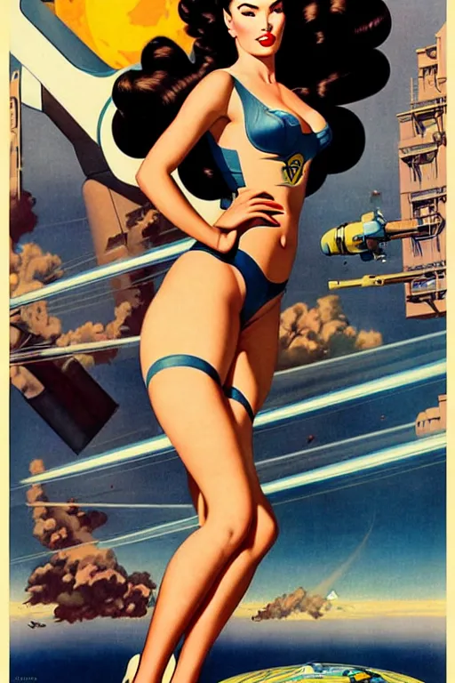 Image similar to beautiful megan fox retro space varga girl riding a rocket in a diesel punk city, windblown dark hair, retro pinup model, seductive, 1 9 4 0, glamour pose, intricate, smoke, hyper detailed, digital art, smooth, sharp focus, alberto vargas, gil elvgren, greg rutkowski, propaganda poster