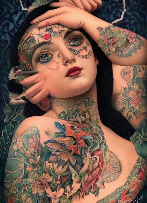 Image similar to beautiful enlightened woman instagram influencer with tattoos, tattooed skin, oil painting, robe, symmetrical face, dark ritual myth, by john william godward, anna dittman, sandra chevrier masterpiece