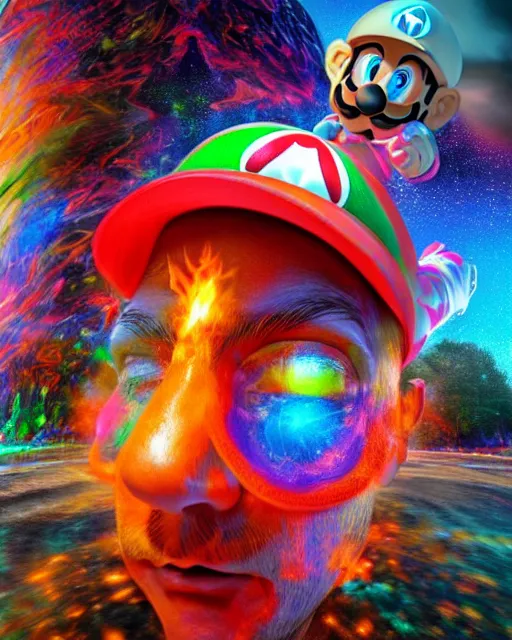 Prompt: portrait ultra dimensional mario entity, accidentally tripping on dmt and acid, psychedelic experience, overwhelming psychosis of self realization and burning awakening, ultra high definition, unreal engine 5, hyperrealism, masterpiece composition, by casey weldon, barclay shaw 8 k photorealistic