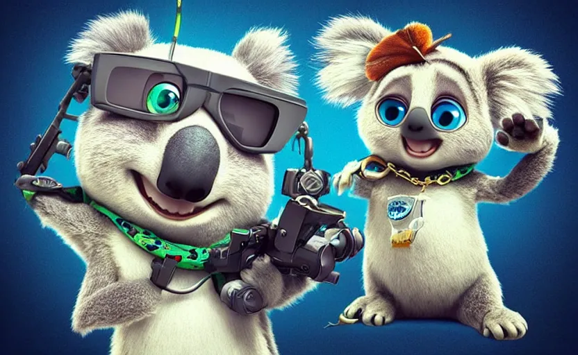 Image similar to “ one cute koala with very big eyes, wearing a bandana and chain, holding a laser gun, standing on a desk, digital art, award winning, in the style of the movie zootopia ”