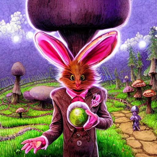 Image similar to 4 k headshot portrait of a psychedelic demonic anthropomorphic bunny rabbit with mushroom themed clothes, magic mushroom village in background by jeff easley, award winning, stylized neon, post - processing, masterpiece, superb resolution. in the art style of junji ito and greg rutkowski. detailed mushroom city in background. hyper realistic anime. perfect art. dalle 2