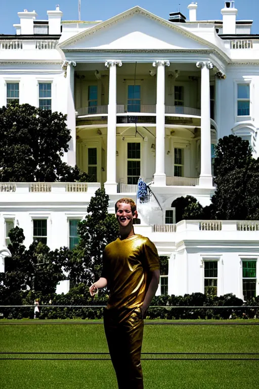 Prompt: A beautiful gold statue of Mark Zuckerberg in front of White House, photo by Steve McCurry, heroic pose, detailed, smooth, smiling, professional photographer