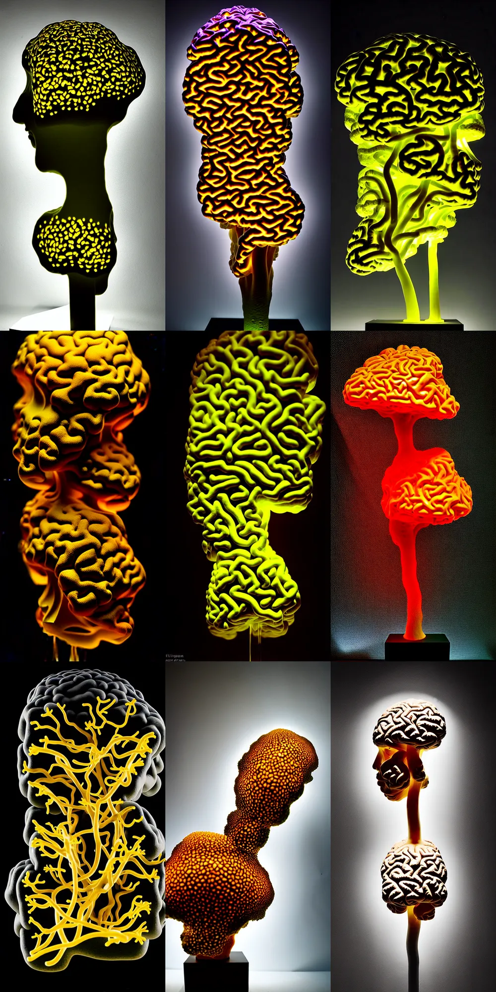 Prompt: rhizomatic brain, first person view, light mode, fluorescent lamp, rembrandt lighting, deep shadows, fog and light, tremella fuciformis, diorama, abstract sculpture, street art