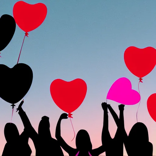 Prompt: silhouette of young women at a party with balloons and lots of hearts floating in the air