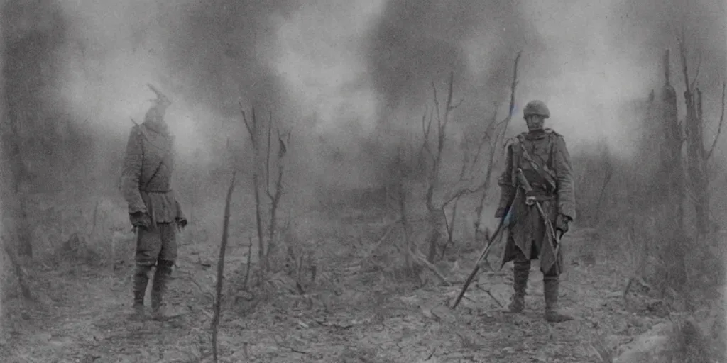 Image similar to scary unproportionable tall ghost creature in the middle of a battlefield, 1900s picture