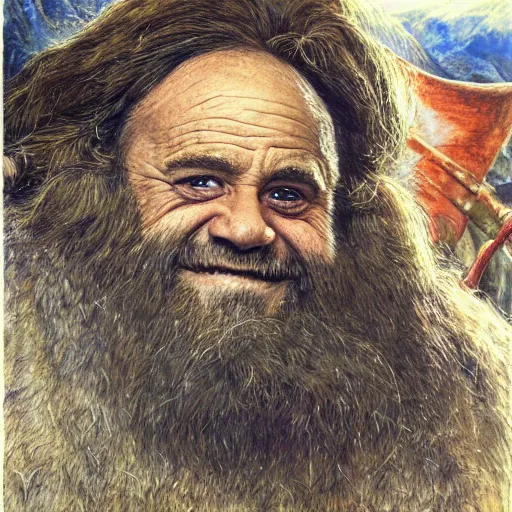 Image similar to portrait of danny devito as gimli, by alan lee, lord of the rings calendar, smooth, detailed terrain, oil painting, matte painting, concept art, trending on artstation