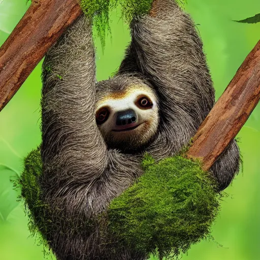 Image similar to Portrait of a sloth coated in green moss with moths buzzing around, ultra high definition, unreal engine, very detailed