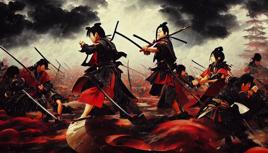 Image similar to baroque oil painting of key visual great samurai war, many warriors, rain, storm, final fantasy, fake detail, trending pixiv fanbox, acrylic palette knife, style of makoto shinkai takashi takeuchi yoshiyuki sadamoto greg rutkowski chiho aoshima