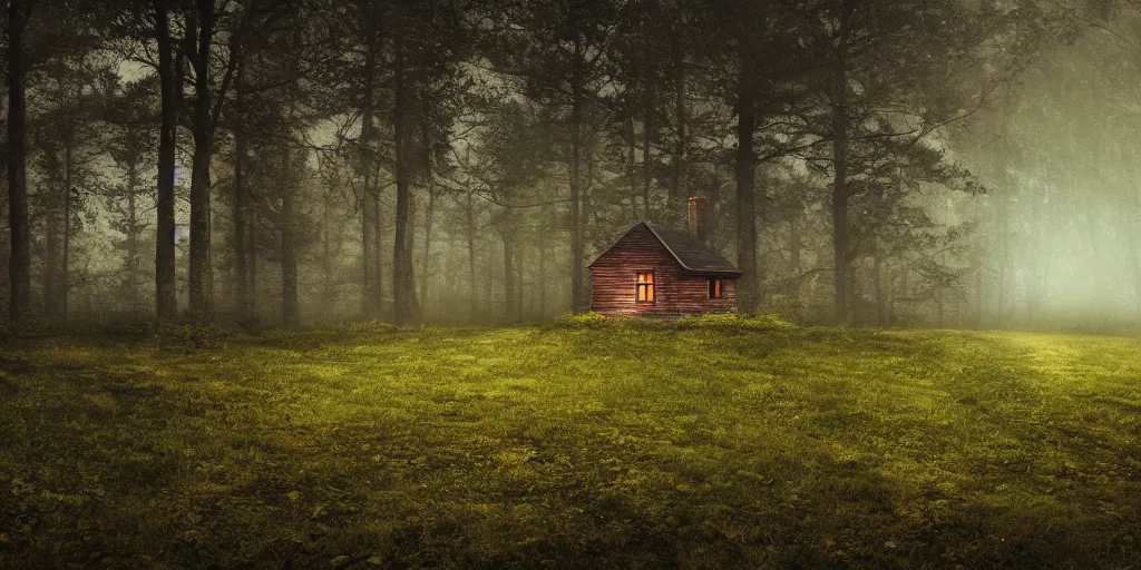 Prompt: lone cottage in the woods and empty woods, 8k, fantasy, hyper realistic, dramatic lighting, cinematic