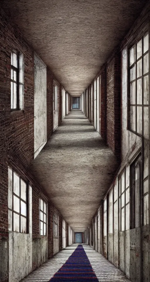 Image similar to a long colorful asylum hallway, one point perspective, vanishing point, symmetrical composition, rich colors, dramatic lighting, by lee madgwick, photorealistic, v - ray render 8 k uhd